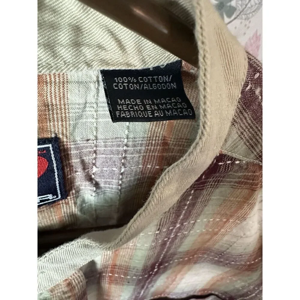 Roper Mens XL Plaid Band Collar Western Shirt Brown Tan Long‎ Sleeve Cotton